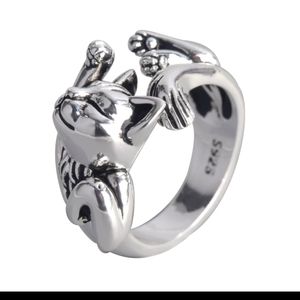 Stamped sterling silver stretching out cat, new